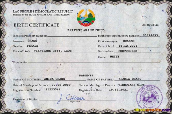 Laos birth certificate